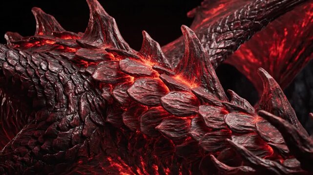 A detailed image of the back of a beast, with rocky scales and glowing embers