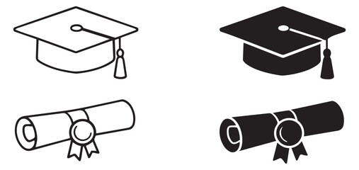 Line art and solid graduation icon set featuring academic caps and diplomas for educational achievement