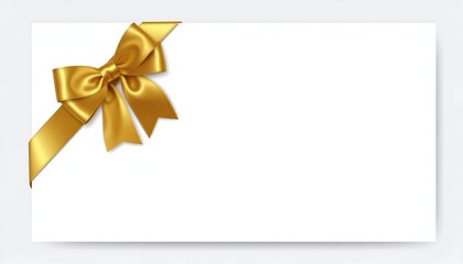 A pristine white card adorned with a glamorous gold bow at the upper left corner