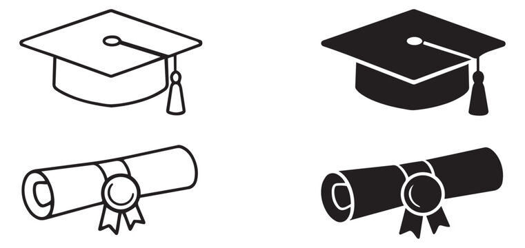 Line art and solid graduation icon set featuring academic caps and diplomas for educational achievement