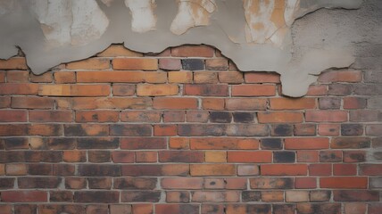 An old weathered brick wall with peeling gray plaster revealing textured red and brown bricks underneath under even light creating a rustic and aged background