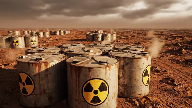 Rows of rusty nuclear waste drums marked with radiation symbols stored in a desolate, dusty landscape under a cloudy sky.