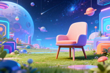 Futuristic Pink Chair in Cosmic Landscape