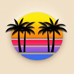 Retro Sunset Palm Tree Illustration with Multicolored Stripes