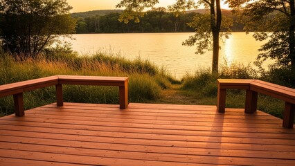 Terracotta stained wooden deck with benches overlooking a tranquil lake at sunset
