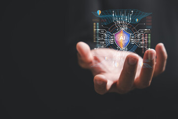 AI security systems automate threat response with artificial intelligence powered analytics, a hand holds this machine learning based network security system for an enhanced AI solution