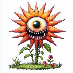 Whimsical Orange Flower with Eye and Teeth Cartoon Illustration