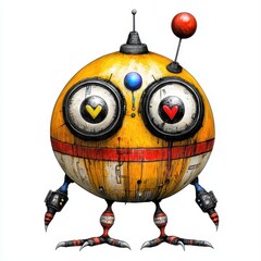 Whimsical Yellow Spherical Robot with Red Accents on White Background