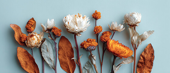 A collection of dried flowers and leaves on a blue background