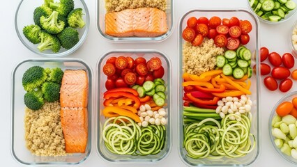 A variety of healthy meal prep containers filled with salmon quinoa broccoli zucchini noodles cherry tomatoes and bell peppers on a white background with healthy