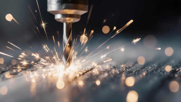 High speed drill bit cutting into a metal surface creating a shower of sparks.