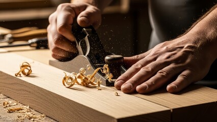 Close up of skilled hands using a wood chisel to carve a wooden plank in a workshop with shavings on the workbench with woodworking and carpentry and craftsmanship