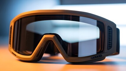 Black and orange augmented reality glasses on a wooden surface goggles technology