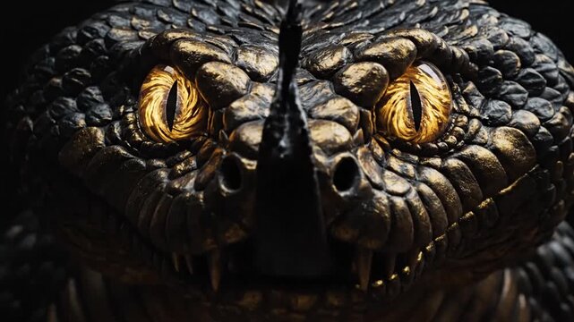 A close-up view of a reptile's face, displaying golden eyes, scales, and sharp teeth