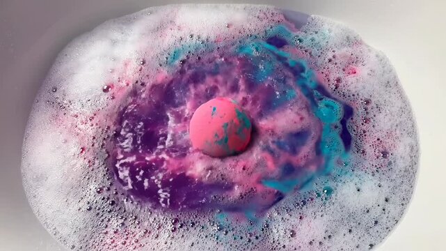 Vibrant bath bomb dissolving in colorful foam.