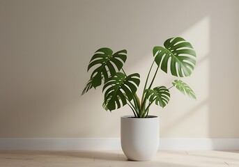 Fototapeta premium Minimal Monstera Plant Against Neutral Wall — Fresh Green Botanical Interior Decor Photography for Calm Natural Design and Modern Home Styling