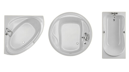 Top view set of corner, round, and rectangular bathtubs for architectural floor plans