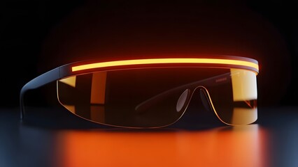 Futuristic orange and black smart glasses with illuminated frame on dark background