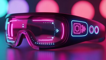 Futuristic virtual reality glasses with glowing pink and blue lights and digital interface