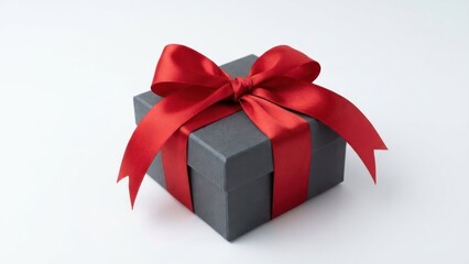 Modern Luxury Gift Box With Red Silk Bow On Minimalist White Background
