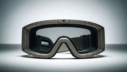 Gray and black protective goggles with clear lenses on a white surface eyewear