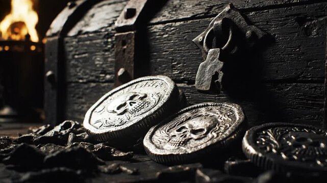 Close-up of coins with skull design near a chest.  A glowing fire creates a warm ambiance