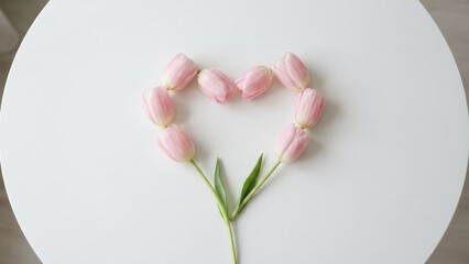 Minimalist Pink Tulip Flower Buds Forming Heart Shape On White Table Top