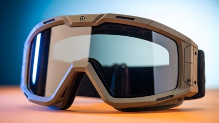 Tan and black ski goggles with clear lenses on a reflective surface