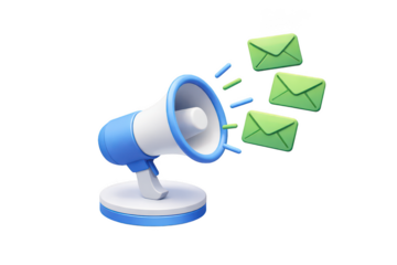 3d megaphone with email envelopes on transparent background, blue and white glossy render, email marketing notification icon for newsletter promotion
