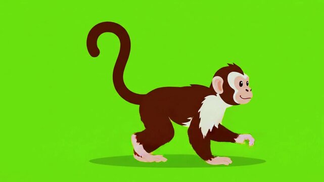 A cute cartoon monkey with brown fur and a long, curly tail is walking cautiously on a green background.