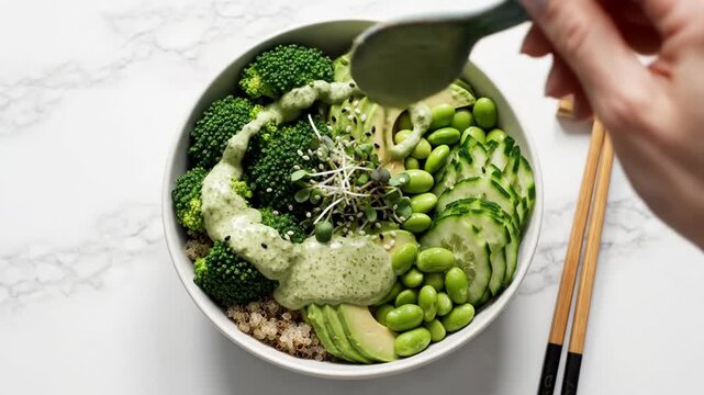 Healthy Green Bowl with Avocado and Broccoli Being Dressed.