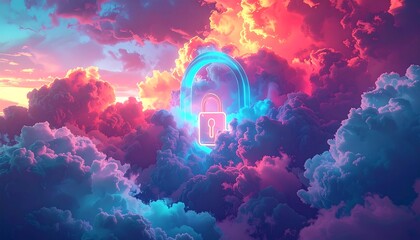 Cloudscape with ethereal lock symbol, bathed in vibrant neon hues