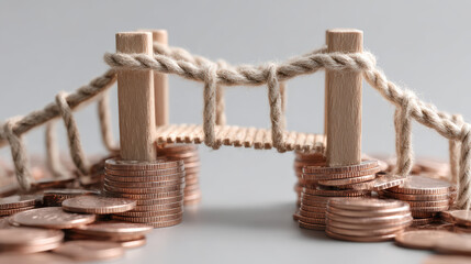 Money bridge coin stack rope, financial gap saving investment concept closeup, creative business risk solution symbol detail