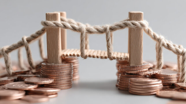 Money bridge coin stack rope, financial gap saving investment concept closeup, creative business risk solution symbol detail