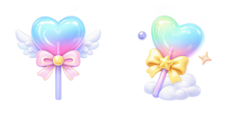 Pastel heart wand stickers on transparent background, cute kawaii gradient love lollipop set with wings, bows, cloud and sparkles, fantasy romance icon for valentine card design
