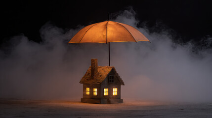 Umbrella house protection security insurance safety shelter concept night fog miniature model light glow warm fantasy dream cover cloud smoke