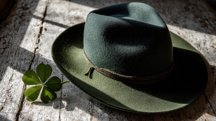 Green hat clover wooden table sunlight shadow holiday tradition lucky leaf nature Green hat and clover rustic wooden table warm sunlight with soft