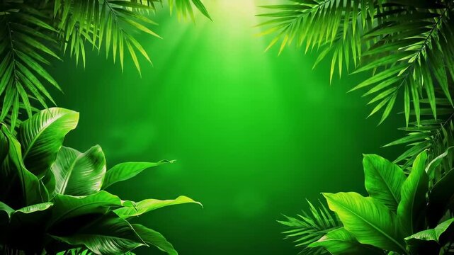 Lush green foliage frames a vibrant green background, with bright light filtering from above