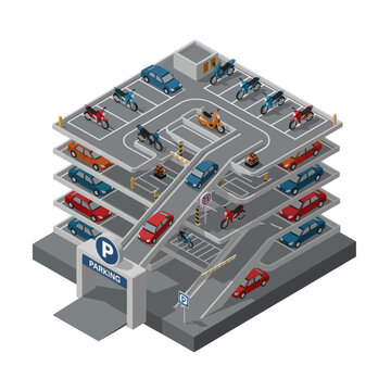 Multi Level Car Park with Vehicles.