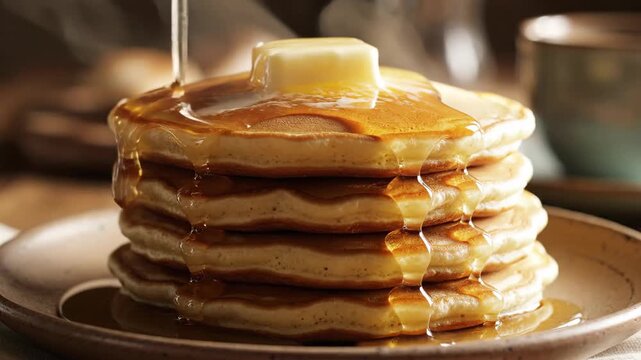 A warm stack of pancakes topped with melting butter and syrup.