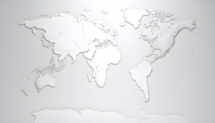 A minimalist 3D world map in white, with subtle shadows on a grey background
