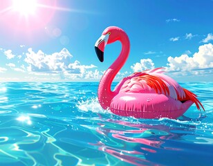 Large inflatable pink flamingo floats on crystal clear blue water