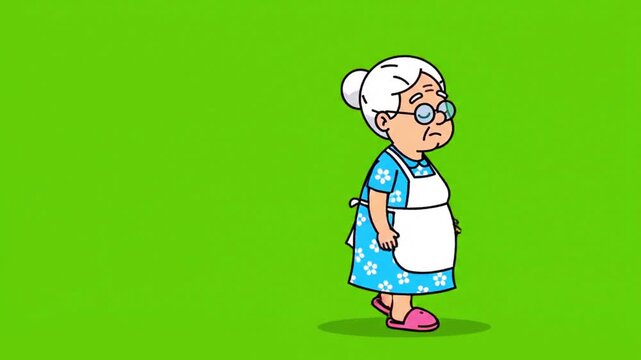 A cartoon illustration of a grumpy old woman wearing an apron and glasses standing on a green screen background.