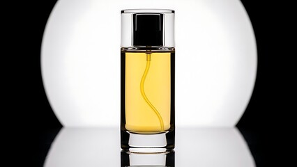 A glass bottle of yellow perfume on a reflective surface
