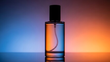 a glass perfume bottle with black cap on colorful background