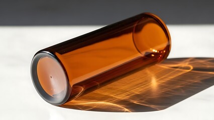 Amber glass tube on white surface with reflection