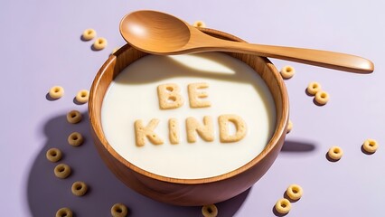 Breakfast bowl with cereal and be kind message in milk