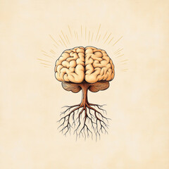 Brain tree roots illustration, hand drawn style, creative concept, beige background, inspiring