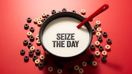Breakfast bowl with milk and cereal on red background with seize the day text