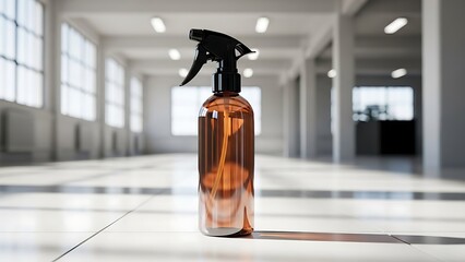 Brown spray bottle on white tiled floor in large empty room with windows